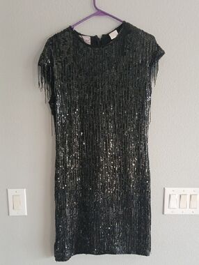 Vintage 1920s Inpired Flapper Dress Black Sequin Fringe Shift Dress Small